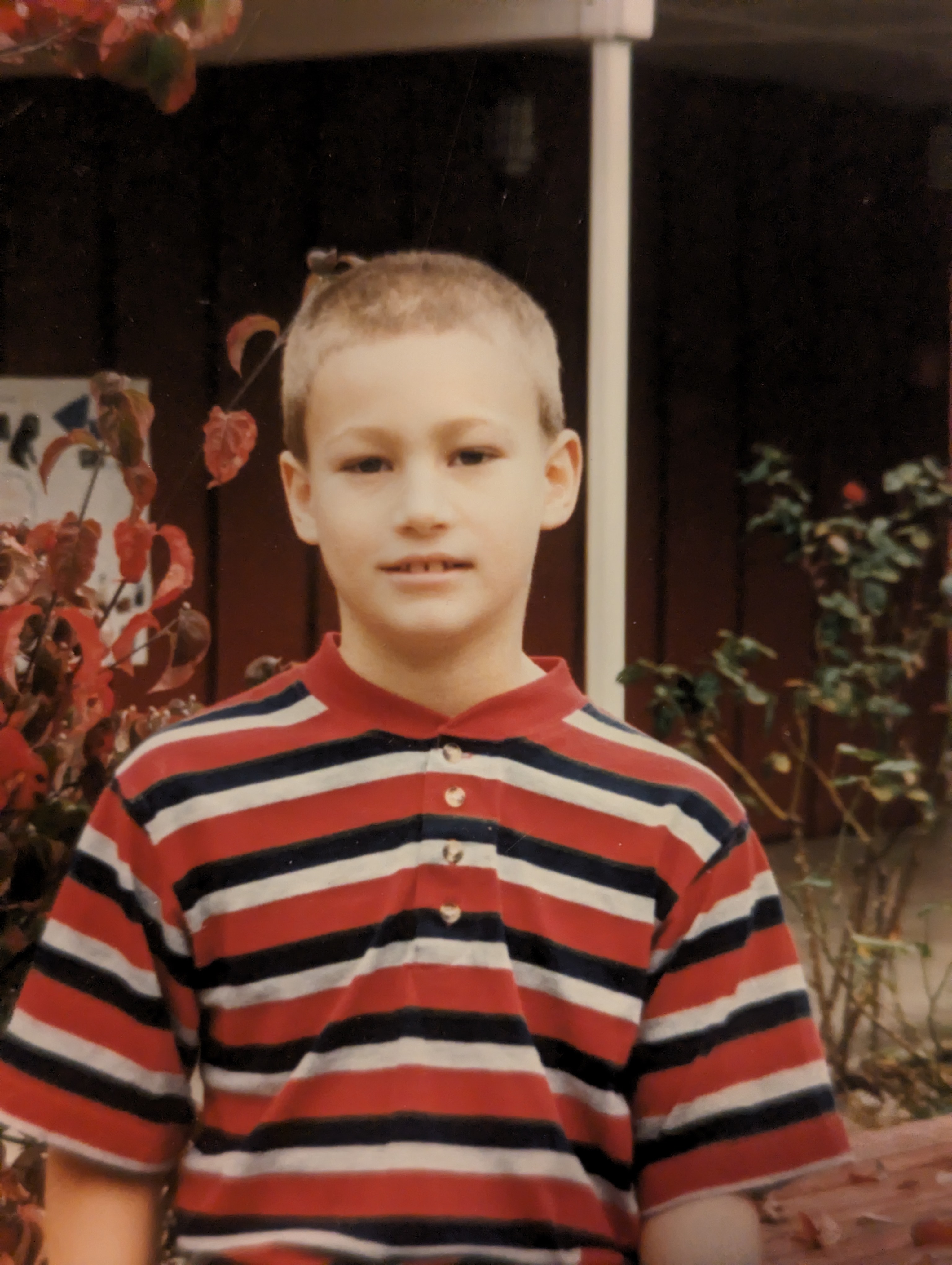 a boy aged 9 or 10, wearing a striped (red, white, red) polo shirt in front of green and red leaves.