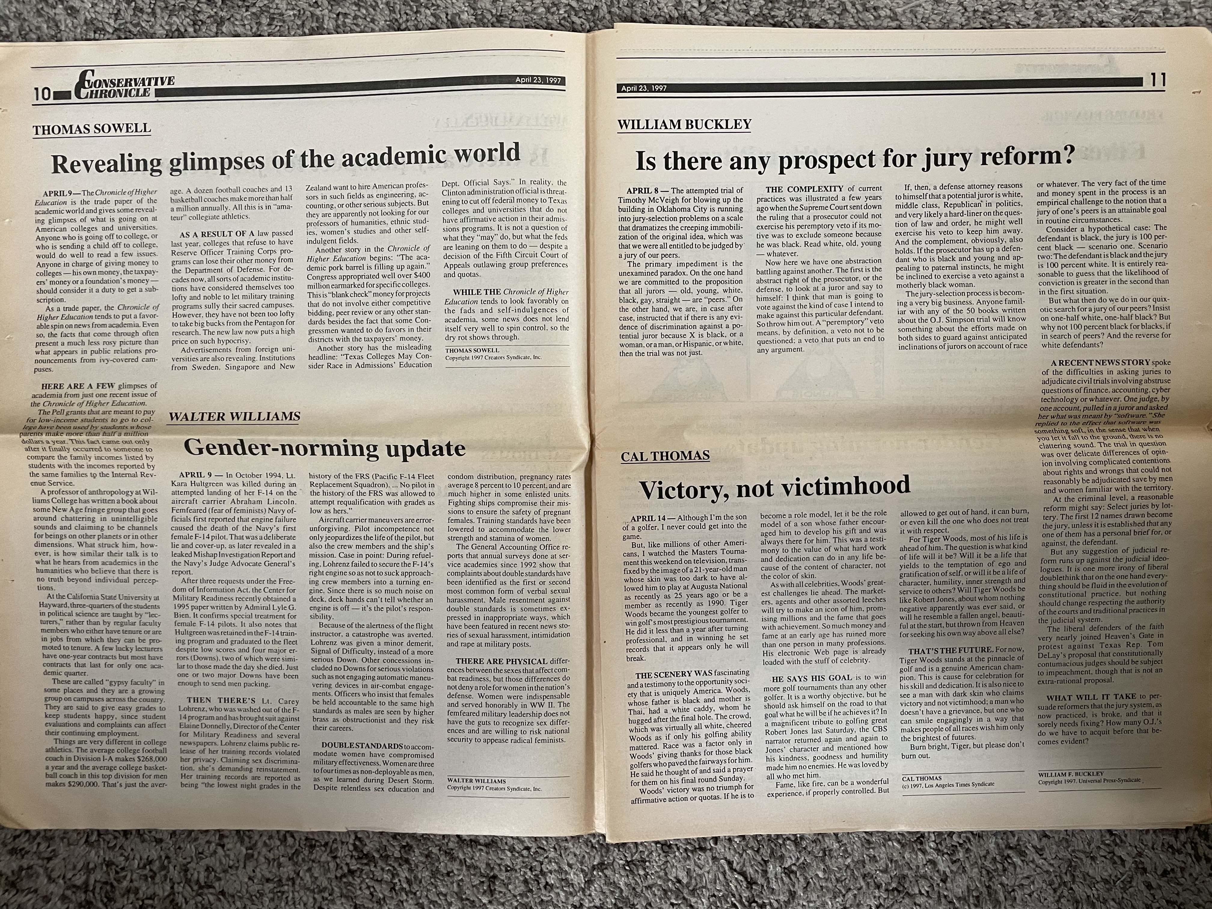 pages from an old, yellowed newspaper. headlines read revealing glimpses of the academic world, gender-norming update, and virtue not victimization